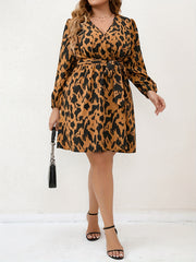  Leopard Print Long Sleeve Wrap Dress With Belt