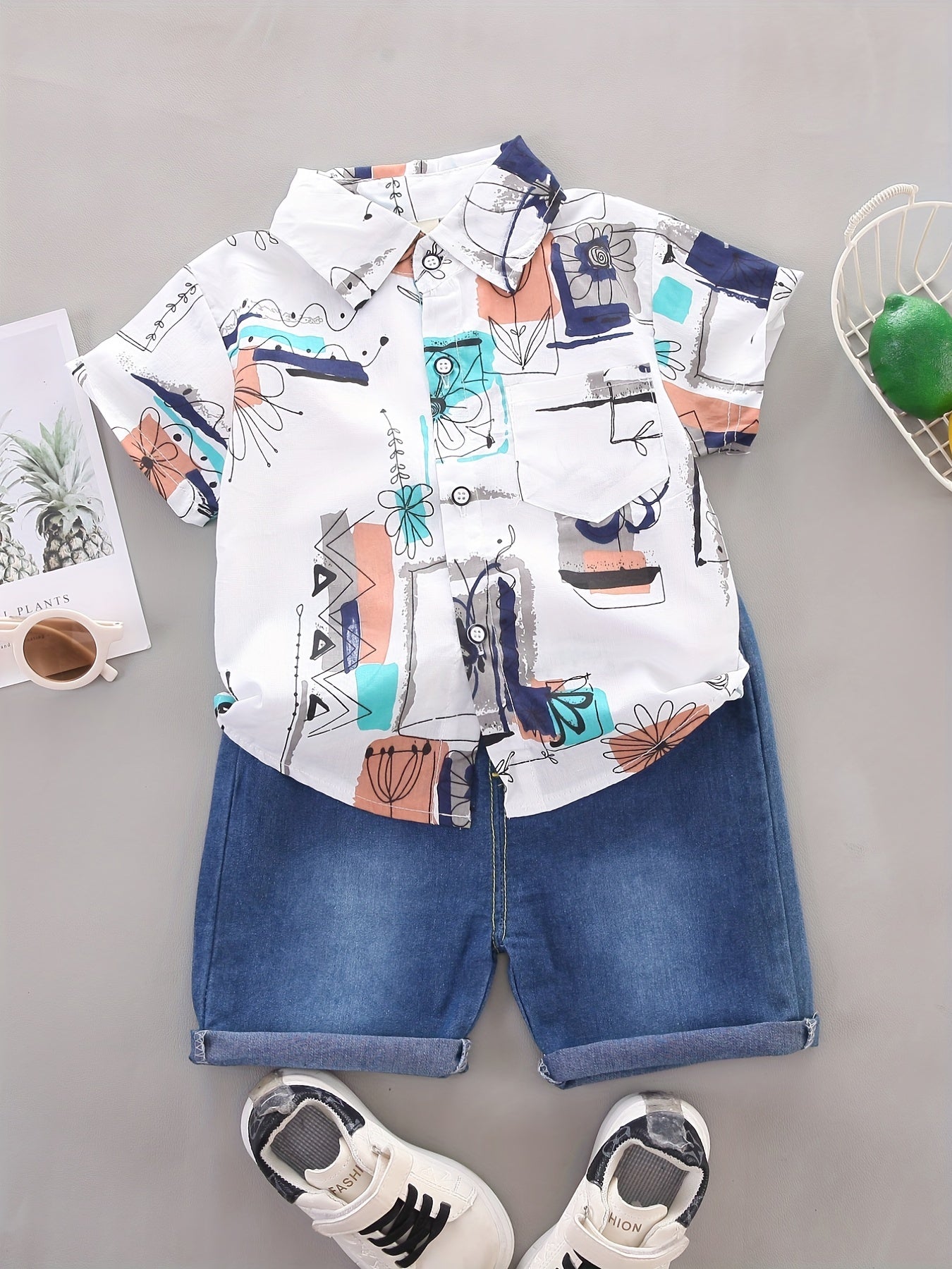 Boys Geo Pattern Lapel Shirt & Denim Shorts Set