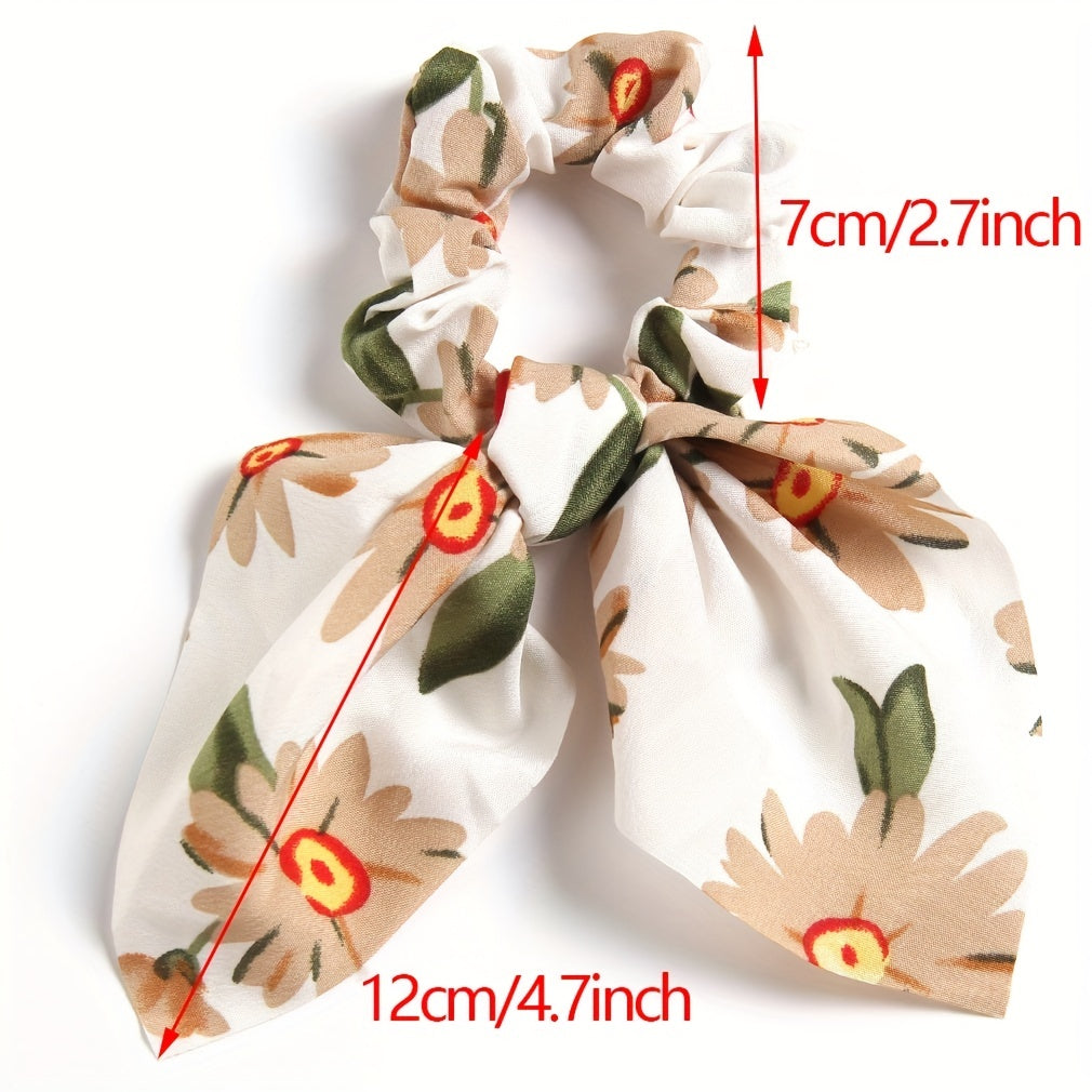 Daisy Print Bow Scrunchie Flower Charm Hair Tie Ponytail Holder