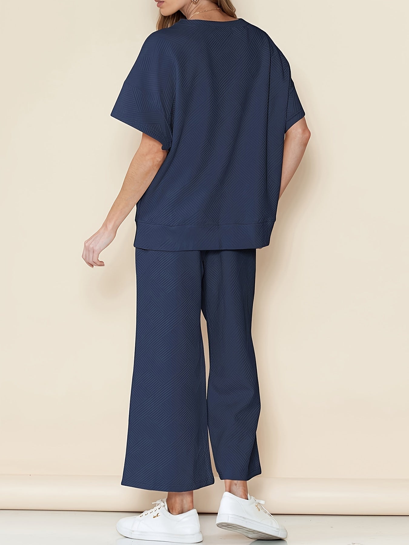  Solid Short Sleeve Round Neck Top & Wide Leg Pants Outfit Set