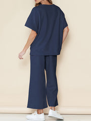  Solid Short Sleeve Round Neck Top & Wide Leg Pants Outfit Set