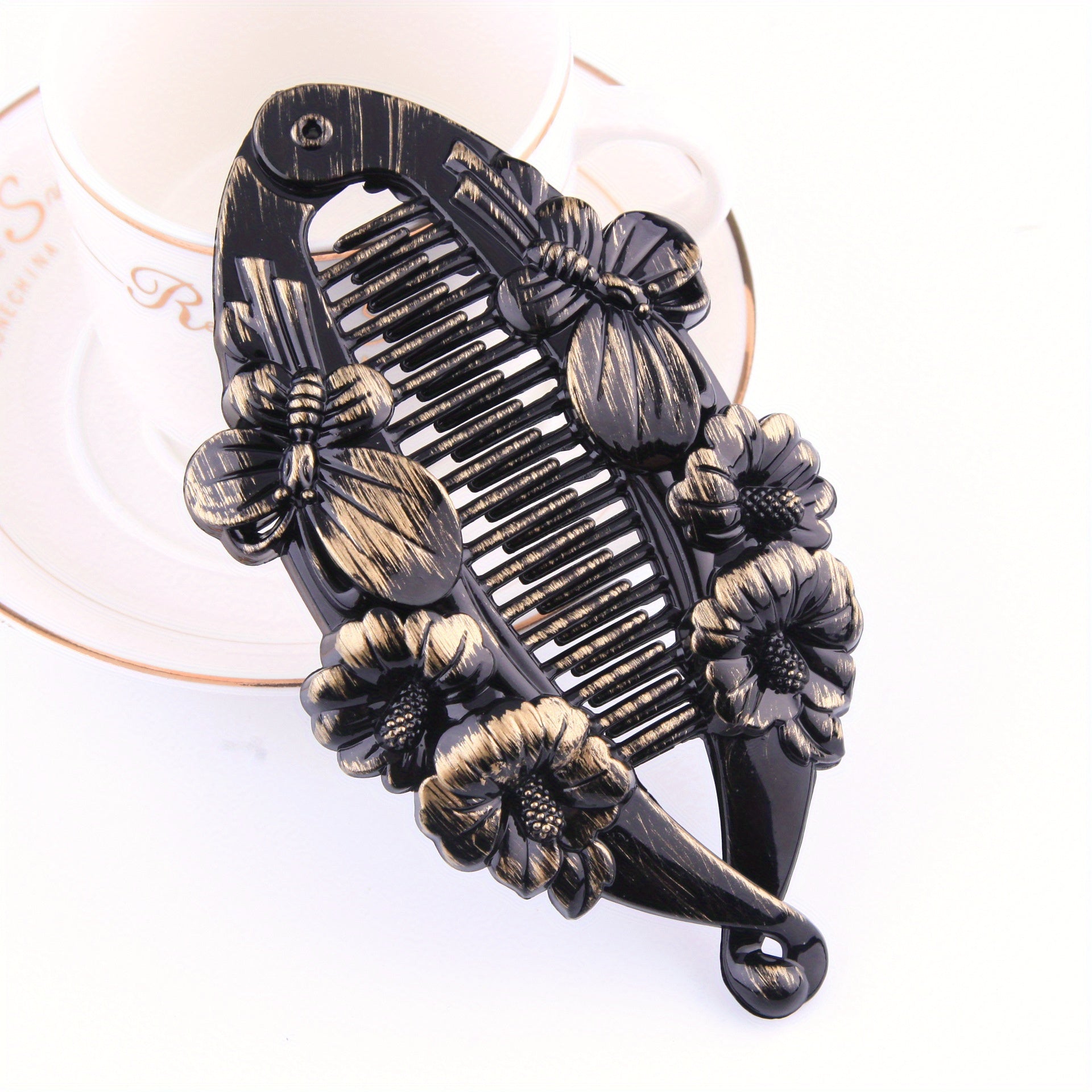Vintage Resin Banana Clip with Flower Butterfly Pattern
