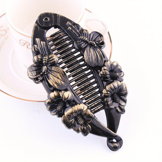 Vintage Resin Banana Clip with Flower Butterfly Pattern