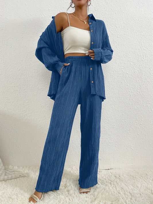 Casual Two piece Set Button Front Long Sleeve Shirt & Wide Leg Pants