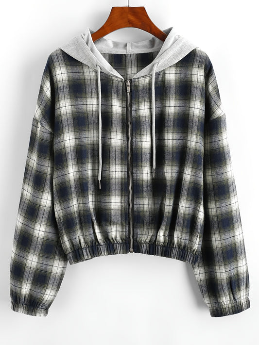 Plaid Hooded Zip Jacket Hoodies Long Sleeve