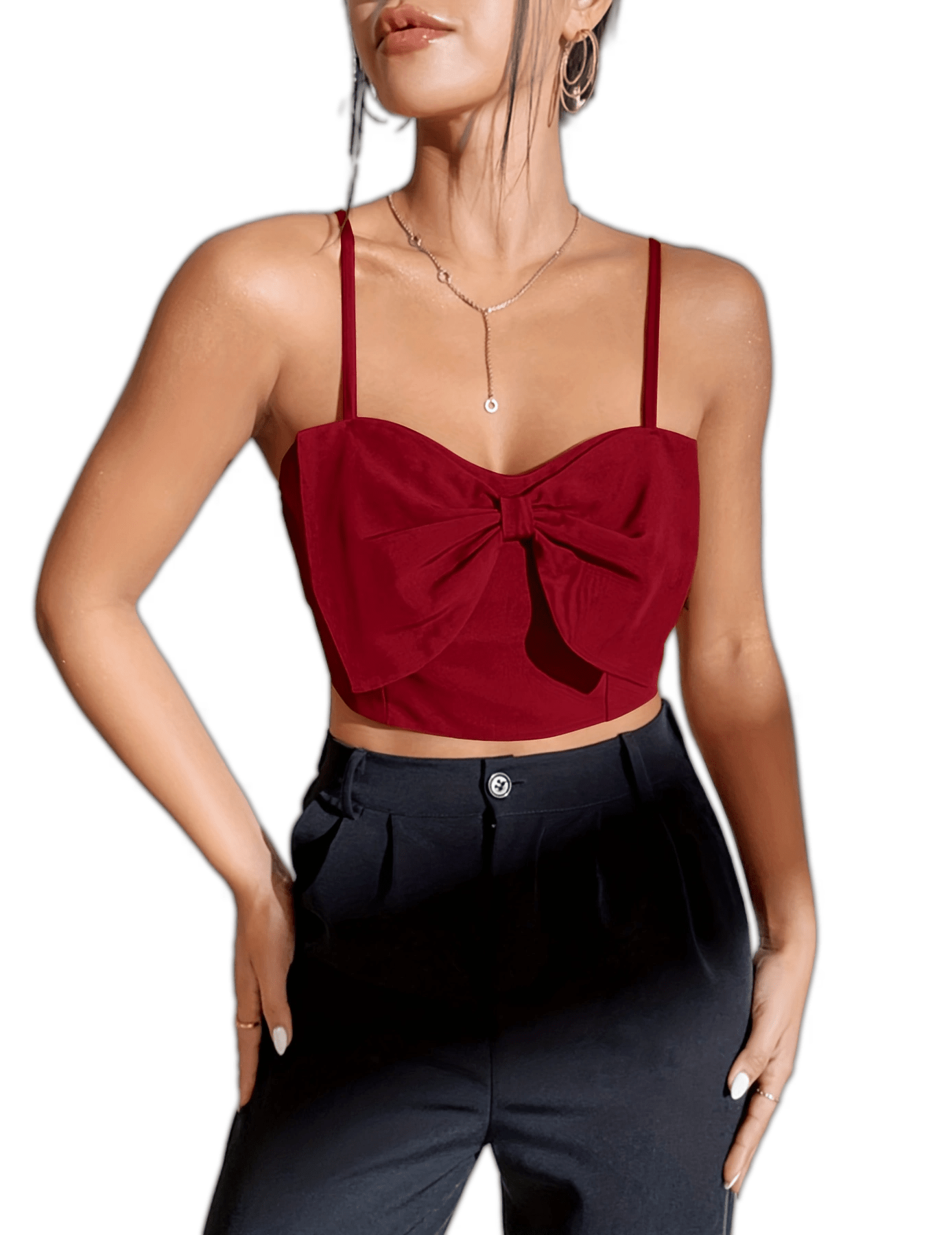 Solid Bow Tie Cami Top Sleeveless Satin Summer Sexy Crop