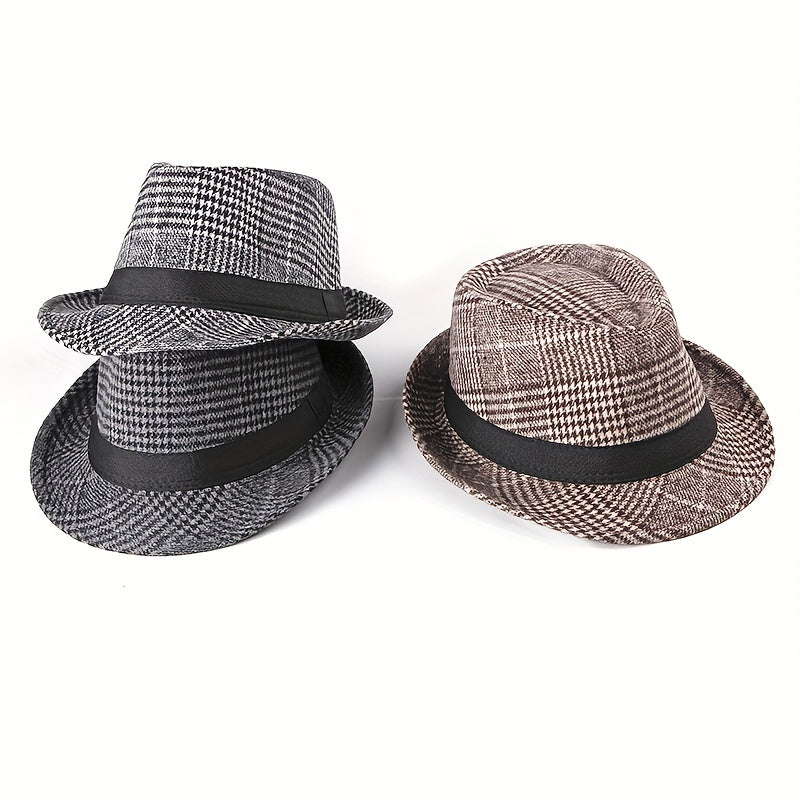 Retro Plaid Wide Brim Fedora Hat for Party Meeting