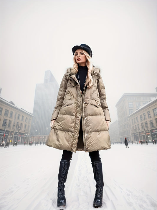 Women's Mid-Length Puffer Hooded Jacket for Winter Outdoor Sports