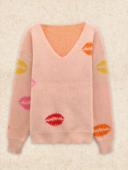  Colorful Lip Print V Neck Sweater