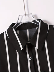  Stripe Print Button Up Long Sleeve Polo Neck Mini Shirt Dress