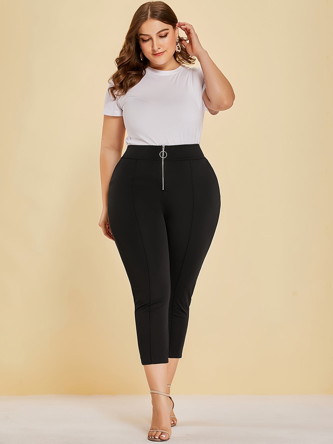 Women's Plus High Rise Zipper Stretch Slim Fit Pants