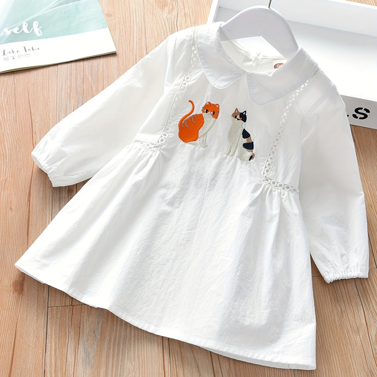 Girls' Kitty Embroidered Cotton Shirt Dress