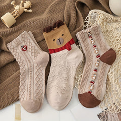 5 Pairs Textured Bear & Geometric Pattern Socks Women's Stockings