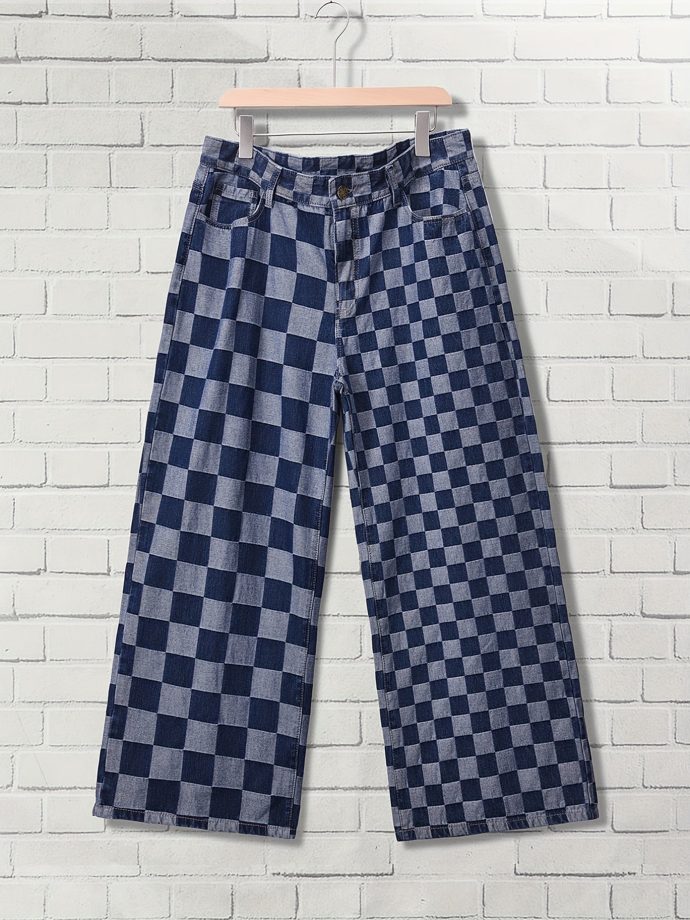  Checkboard Print High Waist Wide Leg Jeans
