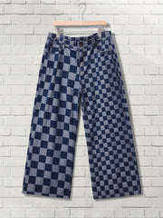  Checkboard Print High Waist Wide Leg Jeans