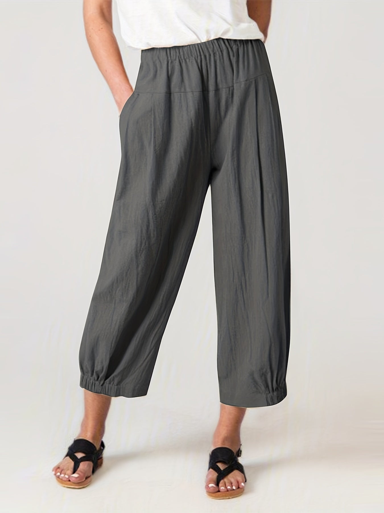  Solid High Rise Elastic Pleated Harem Pants