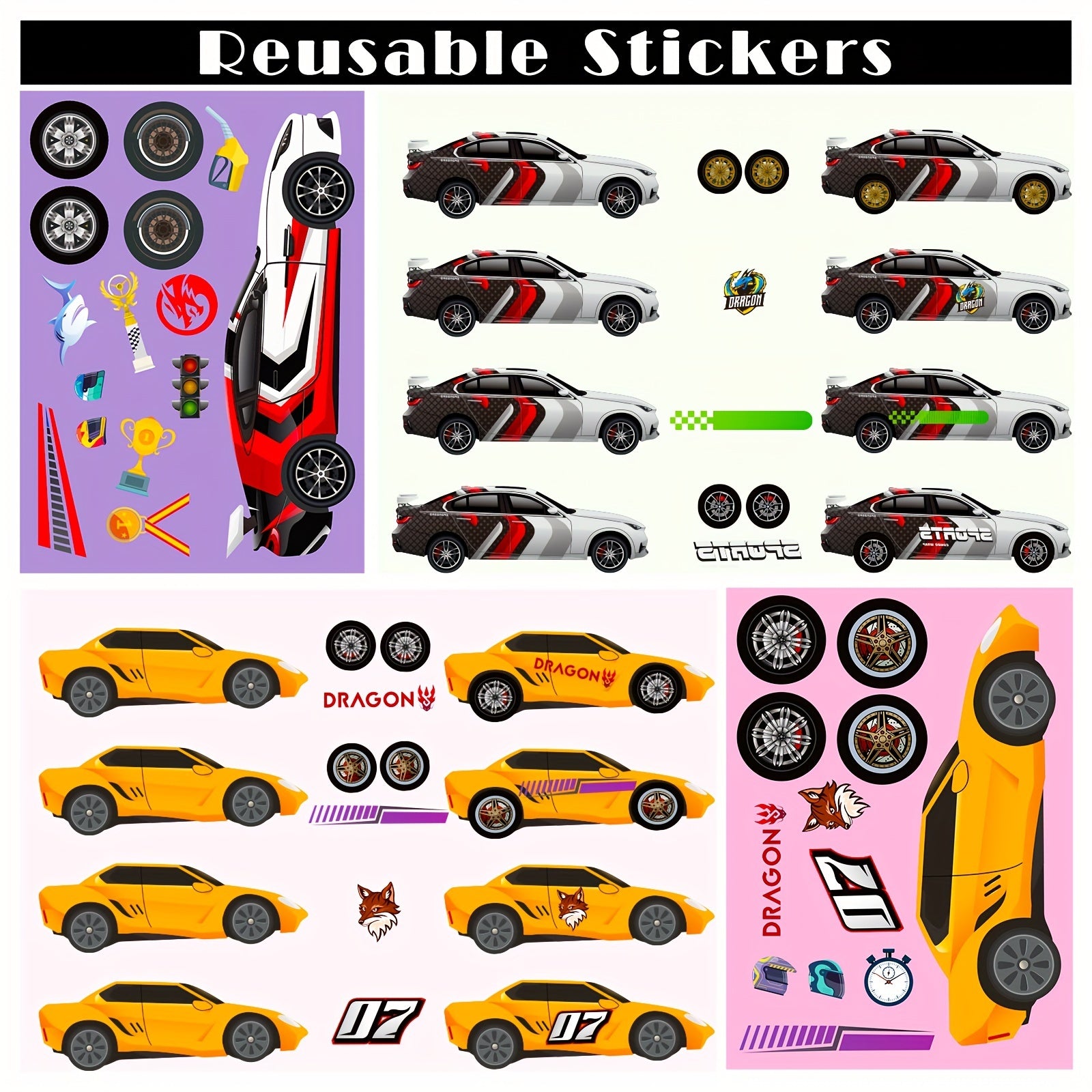 6 Sheets Cartoon Sports Car Make A Face Stickers