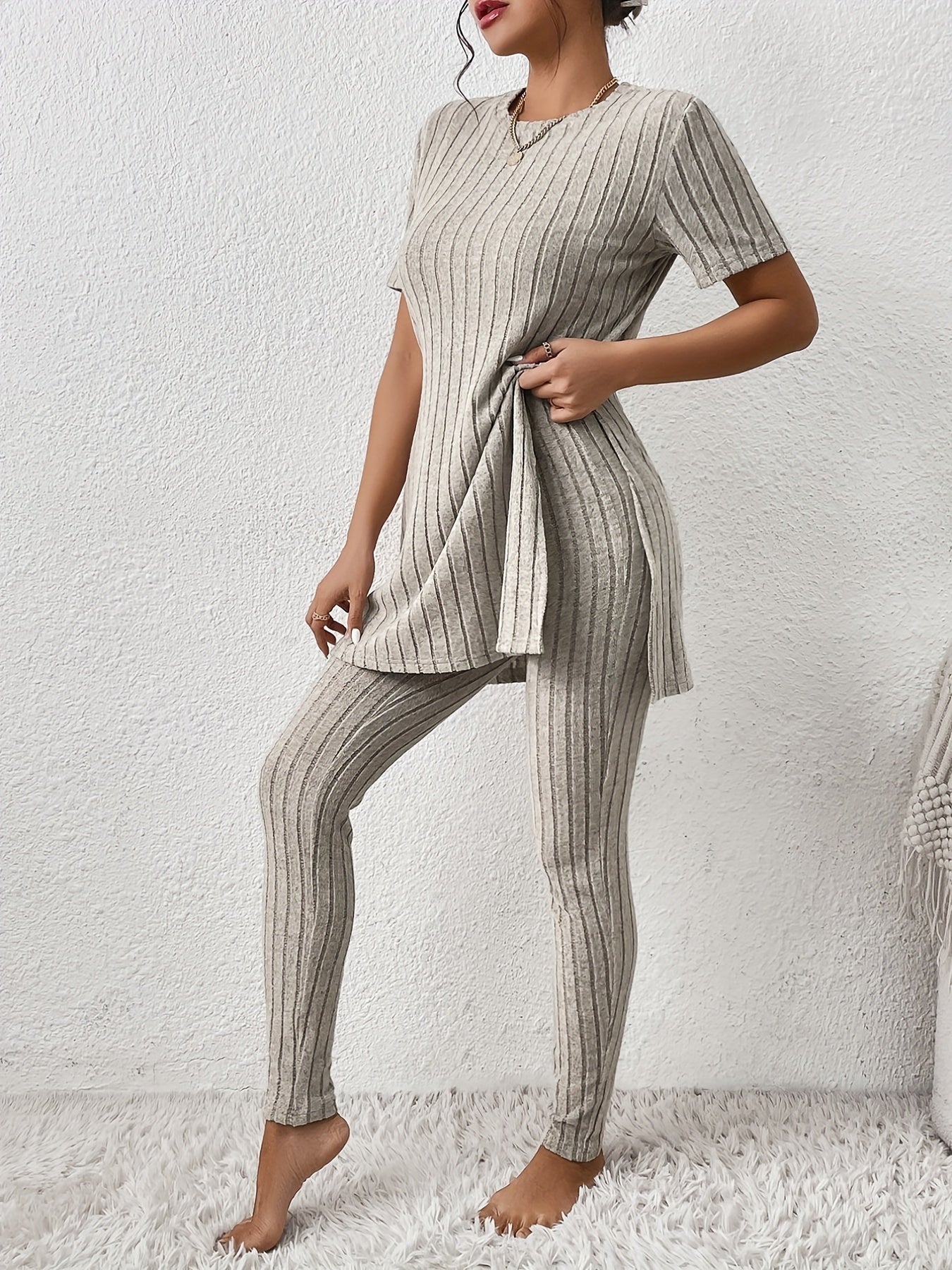 Ribbed Two piece Set Crew Neck Tops & Slim Pants Outfits