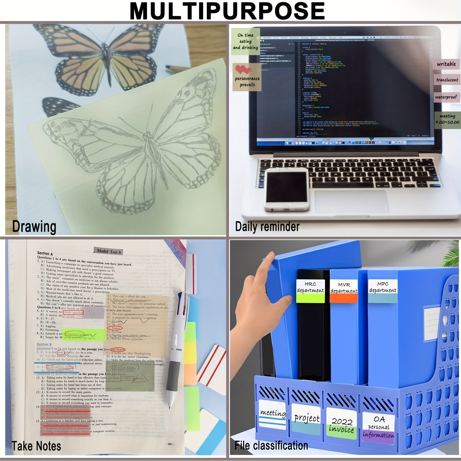 500 Pcs Transparent Sticky Note Tabs, 7 Colors, Writable Book Tabs