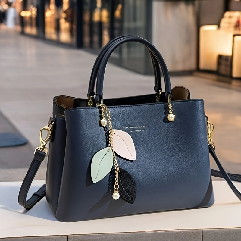 Women's Tote Bag with Detachable Shoulder Strap & Leaf Charm Pendant