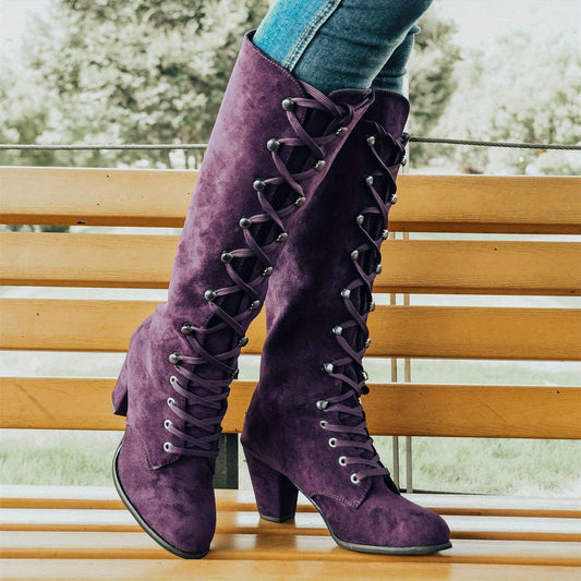 Women's Chunky Heeled Long Boots Lace Up Knee High Boots