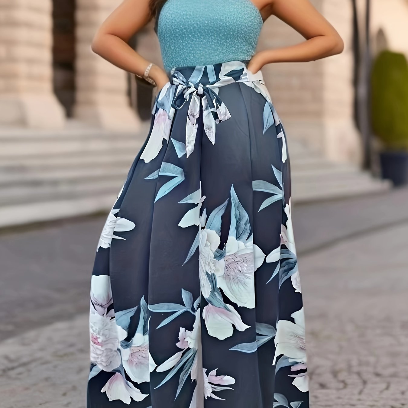  Women's Floral Print Wide Leg Trousers With Belt