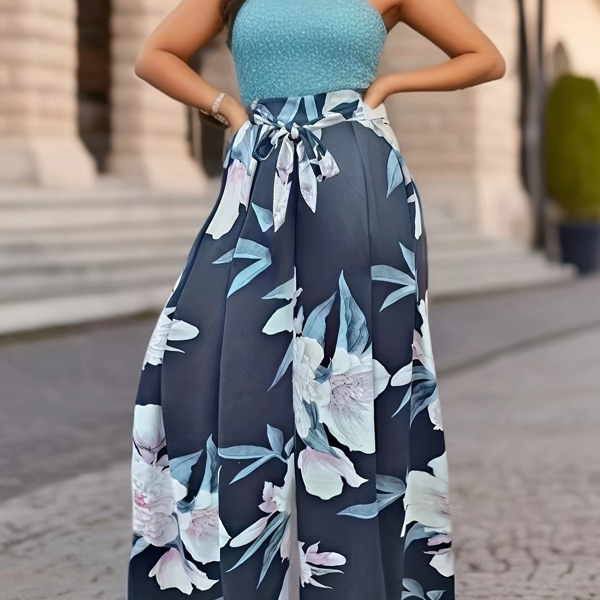  Women's Floral Print Wide Leg Trousers With Belt
