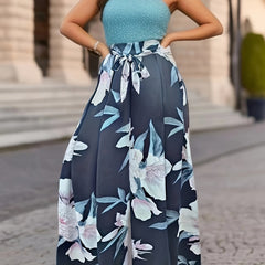  Women's Floral Print Wide Leg Trousers With Belt