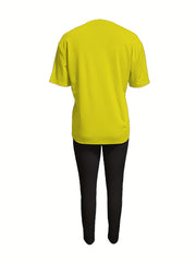 Graphic Print Two piece Set Crew Neck Short Sleeve Tee & Long Length Slim Pants