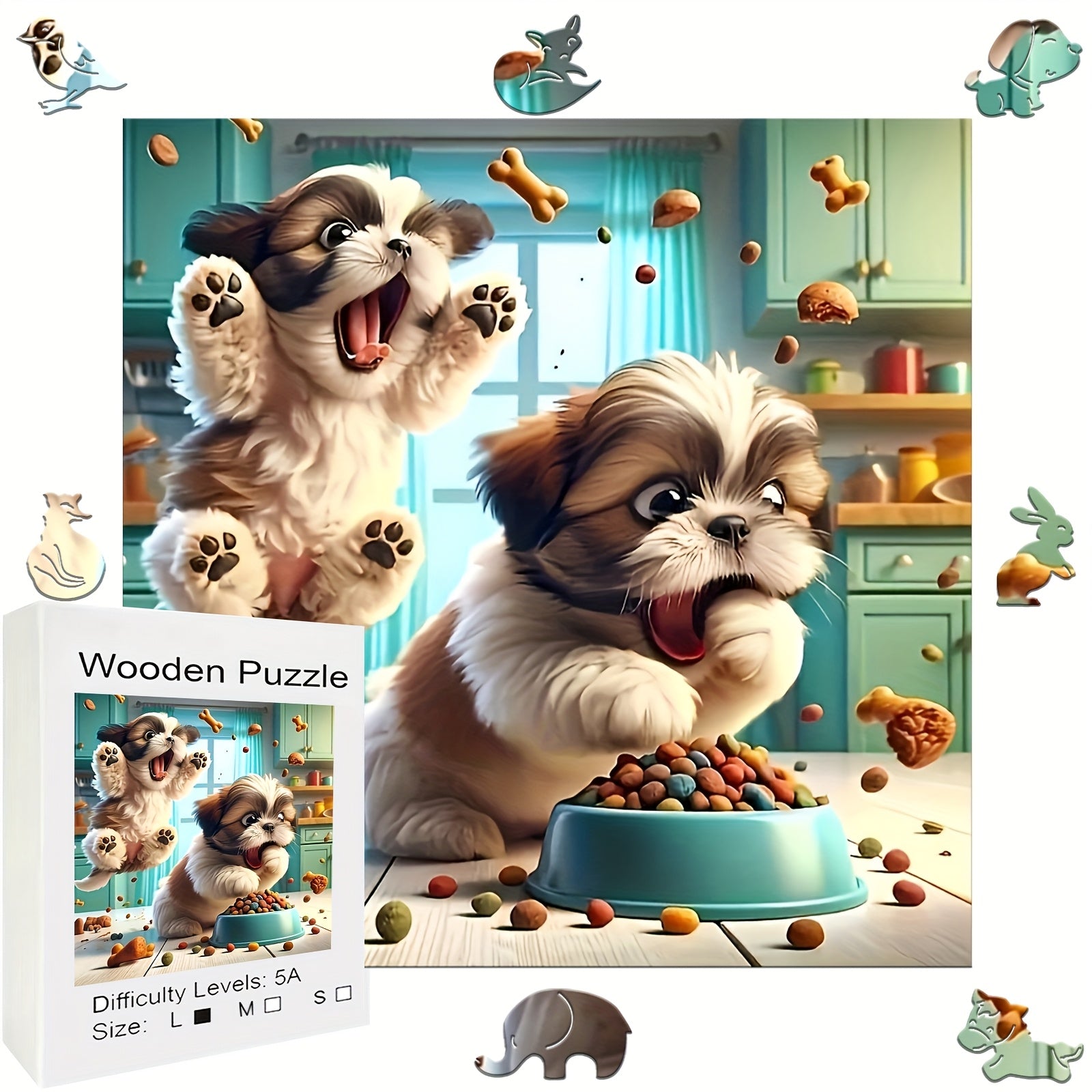 Vibrant Rainbow Wooden Jigsaw Puzzle for Adults - Two Hungry Puppies