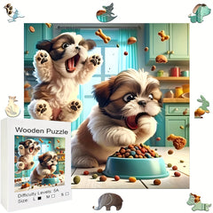 Vibrant Rainbow Wooden Jigsaw Puzzle for Adults - Two Hungry Puppies