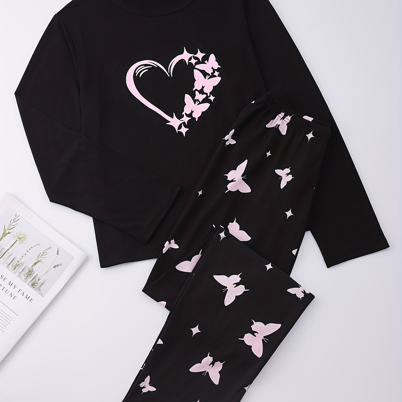 Butterfly Print Pajama Set Crew Neck Top & Pants Women's Sleepwear