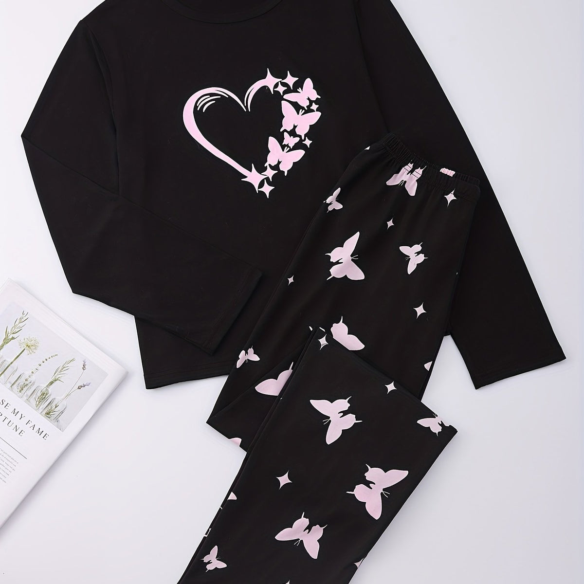 Butterfly Print Pajama Set Crew Neck Top & Pants Women's Sleepwear