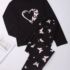 Butterfly Print Pajama Set Crew Neck Top & Pants Women's Sleepwear