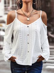  Women's Eyelet Embroidery Cold Shoulder Bell Sleeve Blouse