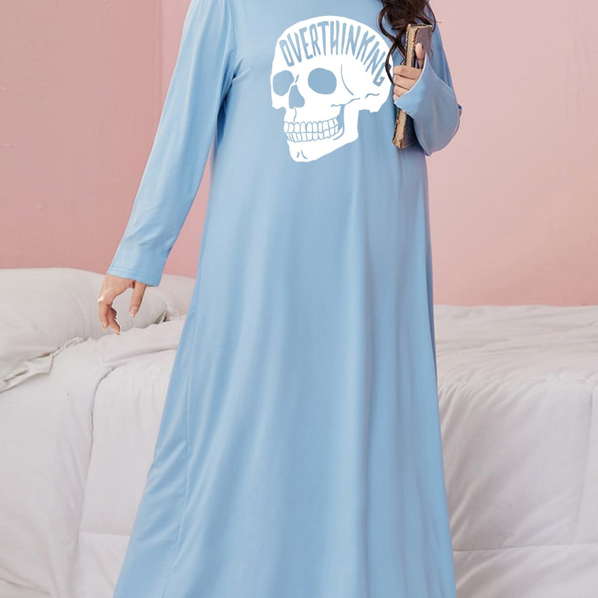  Gothic Nightdress Skull Print Long Sleeve Stretch Sleep Dress