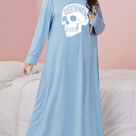  Gothic Nightdress Skull Print Long Sleeve Stretch Sleep Dress