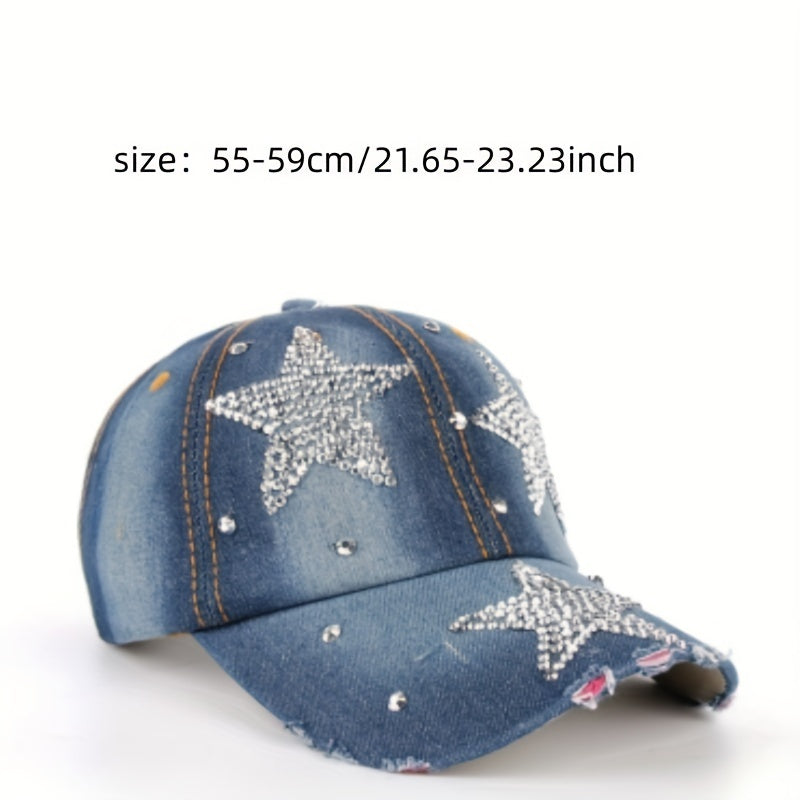 Rhinestone Star Ripped Baseball Cap Denim Washed Distressed Dad Hats Y2K