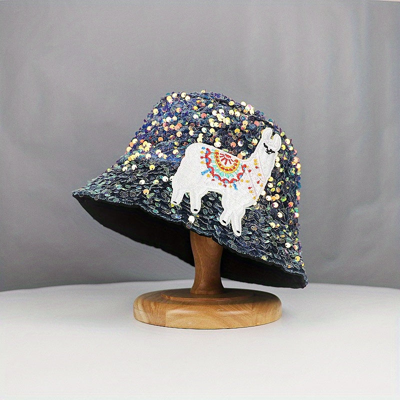 Alpaca Embroidery Sequin Bucket Hat Glitter Fisherman Cap