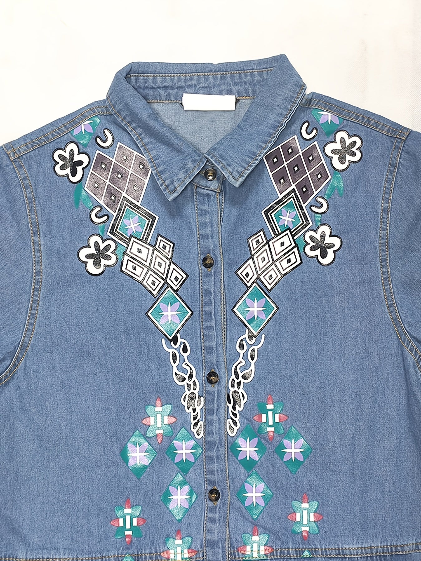 Embroidery Crochet Pattern Denim A-Line Dress