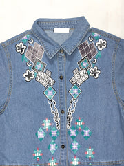 Embroidery Crochet Pattern Denim A-Line Dress