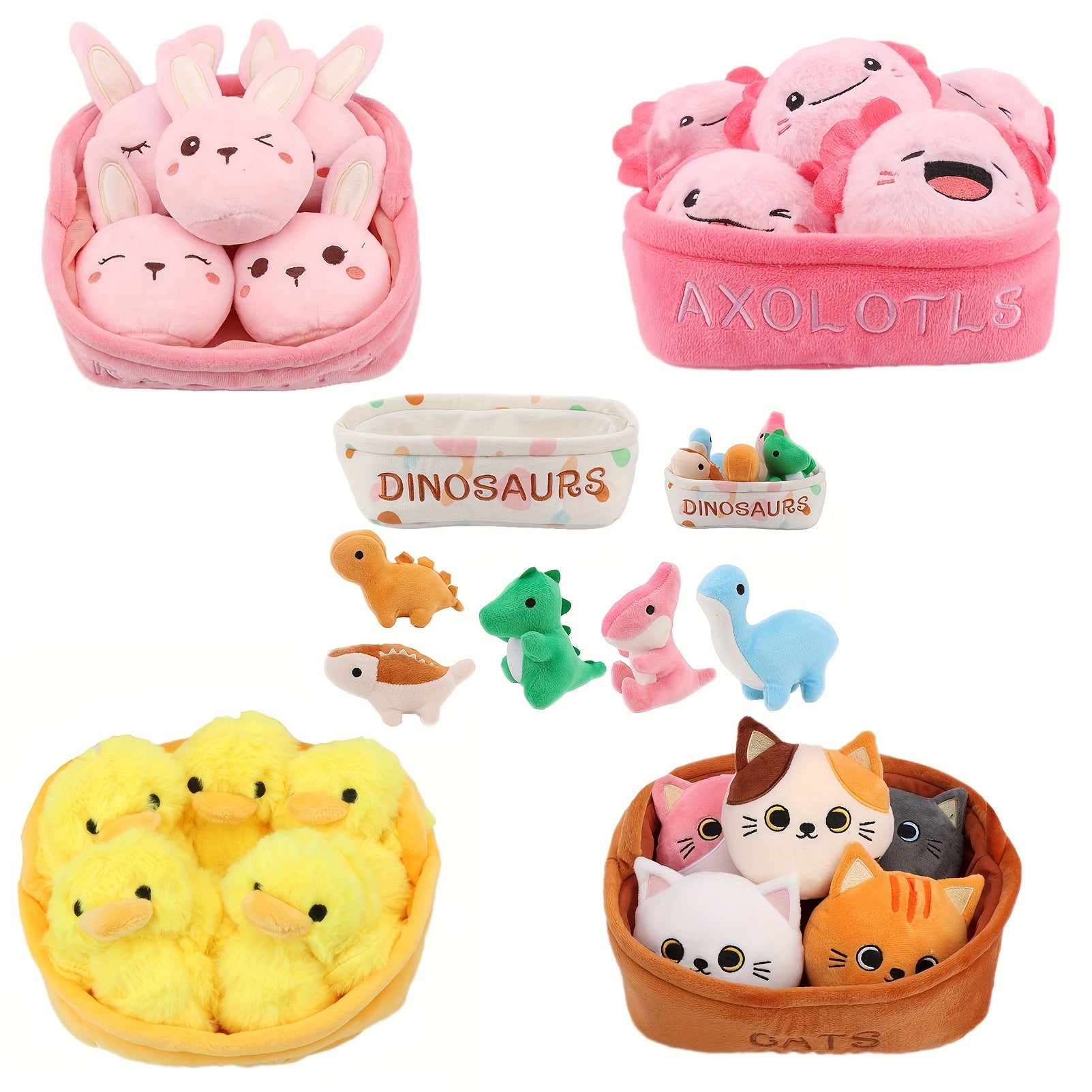 6pc Plush Toy Set Capybara Cat Dinosaur Axolotl Duck in Basket