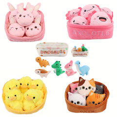 6pc Plush Toy Set Capybara Cat Dinosaur Axolotl Duck in Basket