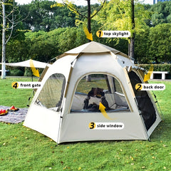 Hexagonal Camping Tent Waterproof Easy Setup 4 Windows 2 Doors Outdoor Hiking