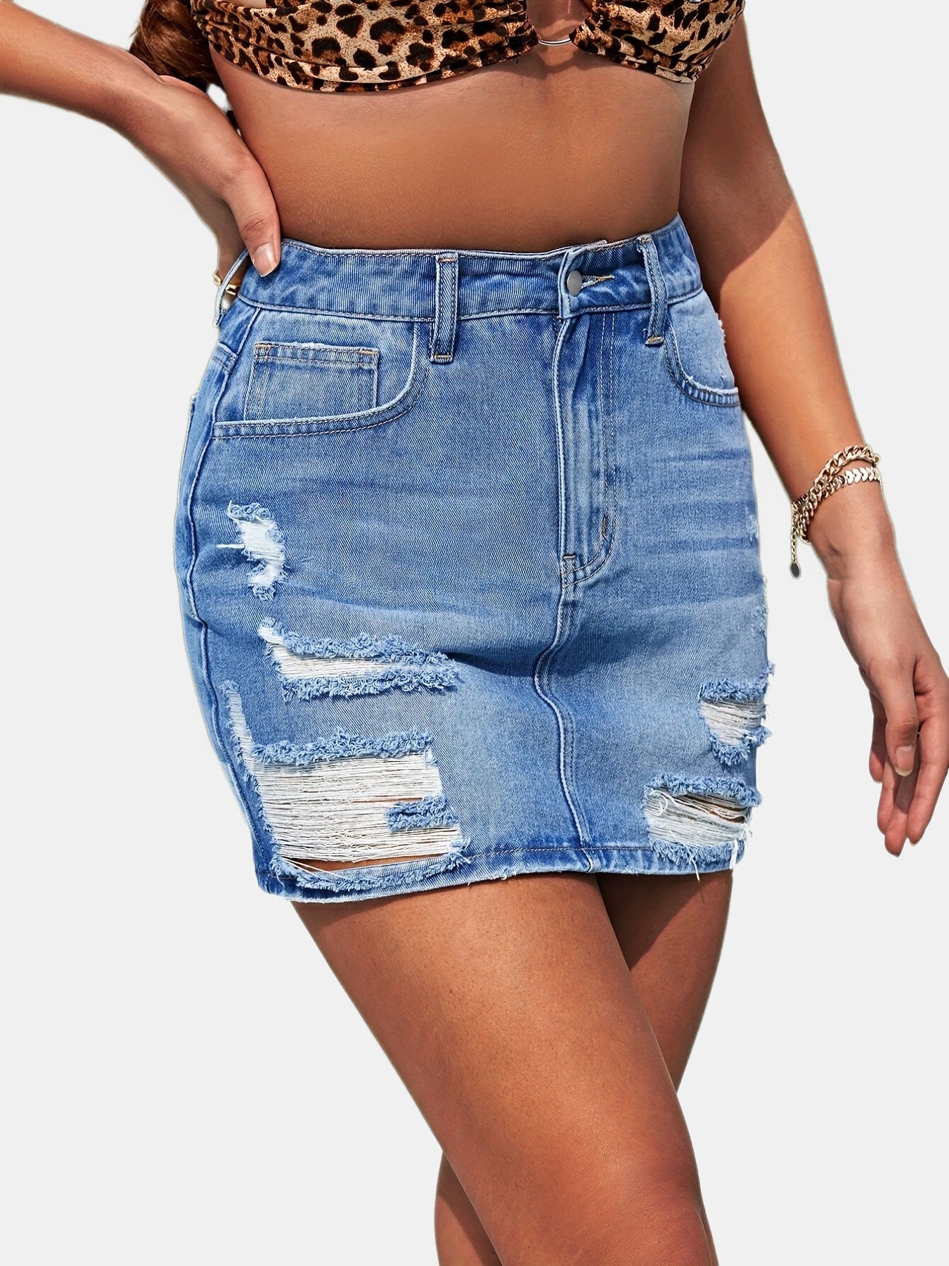 Ripped Water Ripple Embossed Crotch Denim Skirt