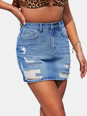 Ripped Water Ripple Embossed Crotch Denim Skirt