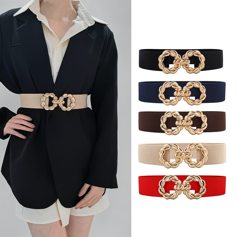 Women's Multicolor Elastic Belt w/ Golden Ring Buckle for Dress