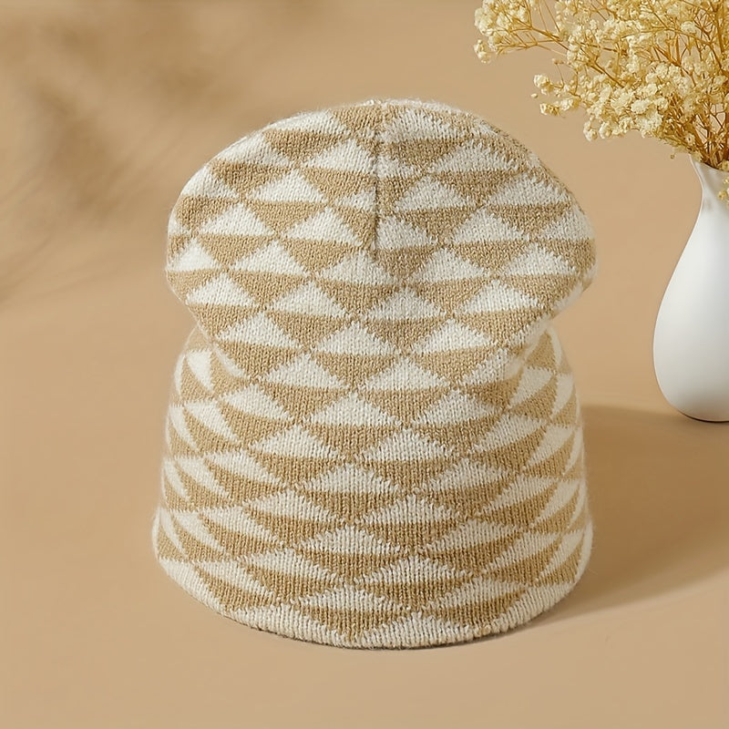 Small Rhombic Jacquard Beanie Y2K Casual Knit Hat Elastic Skull Hat
