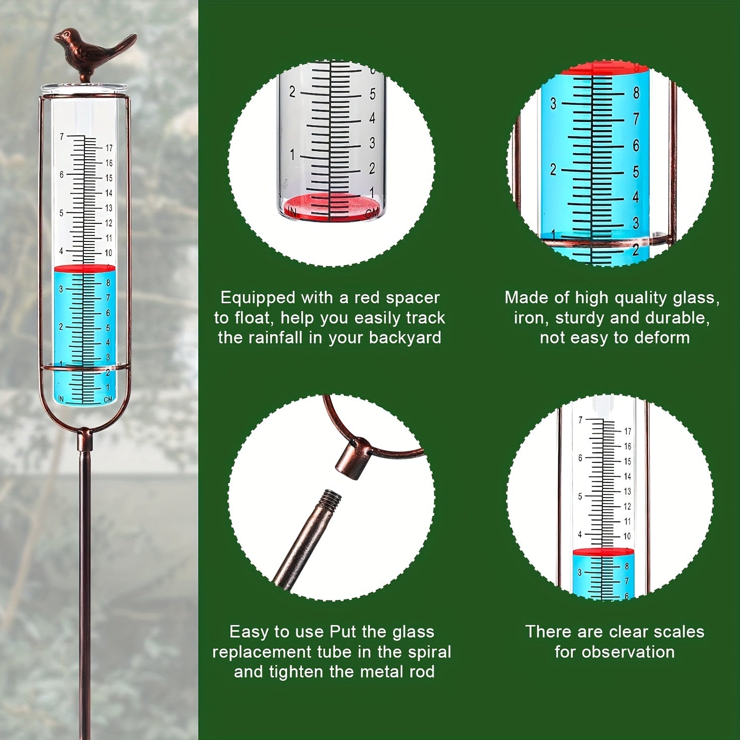 Bird Glass Rain Gauge With Stake And Gasket Metal Frame Outdoor Garden Decor