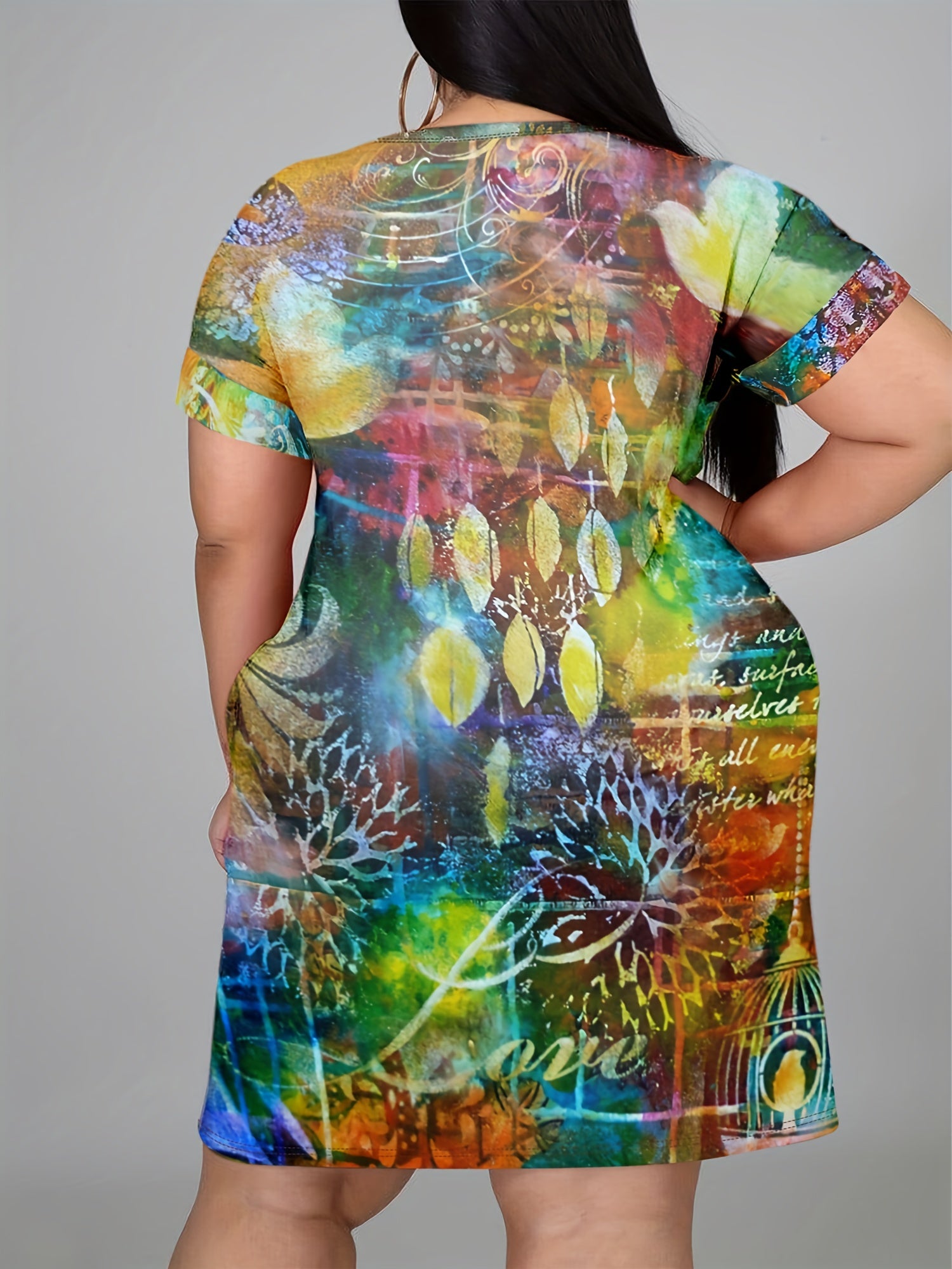  Allover Print Short Sleeve Round Neck Dress With Pockets